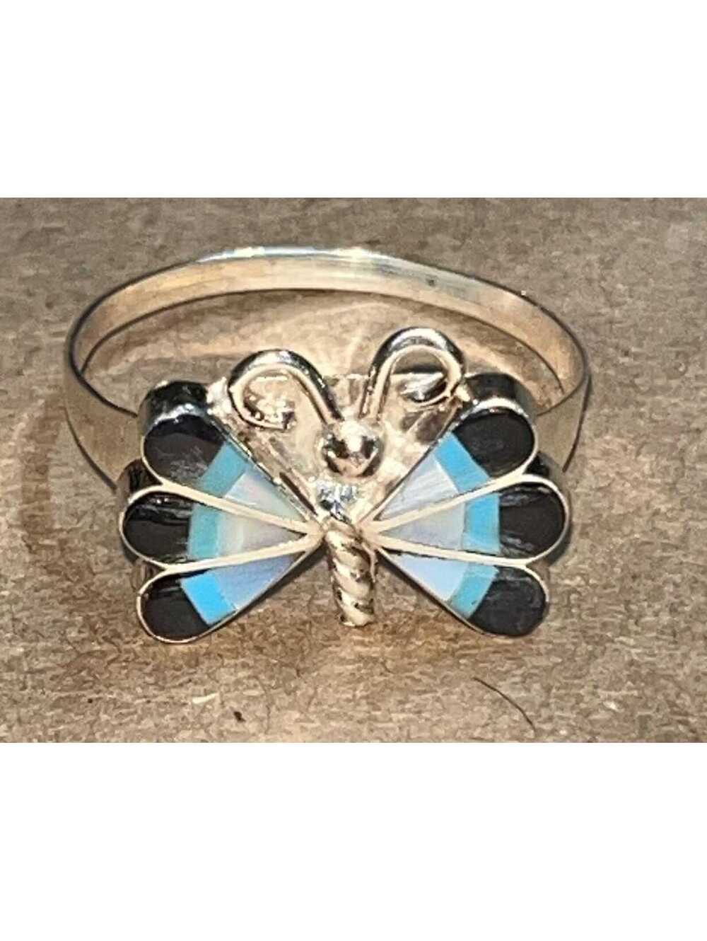 Zuni inlay design sterling silver butterfly ring size 8.25 -Ken Yatsatie